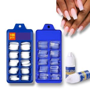 Artificial Nail Set, False Nail With Case & Glue For Nail Salons And DIY Nail Art, Perfect Nail Extension Kit of 200 Fake/False Reusable Nails. (White & Transparent)
